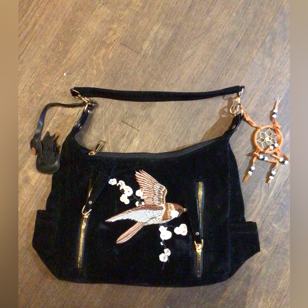 NEW! Ruxpinsrags upcycled Black Embroidered Bird faux suede Shoulder Bag